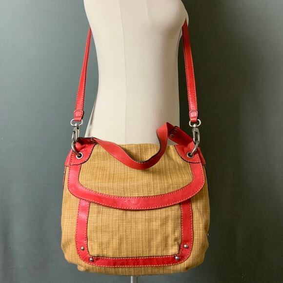 FOSSIL Red Leather Strap Tan Straw Woven Handbag Versatile - Picture 1 of 15